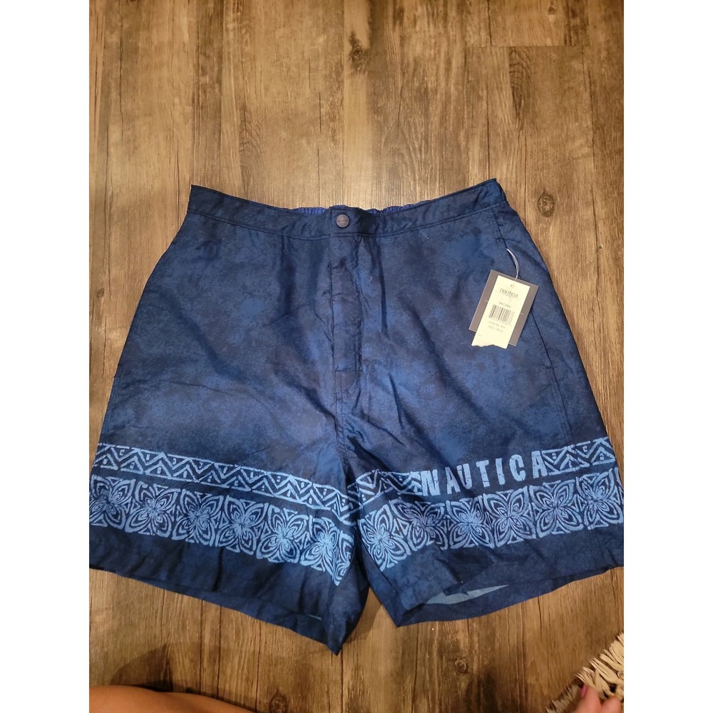 Nautica Mens Swim Trunks Navy Blue Geometric Floral Board Shorts Size Medium NWT